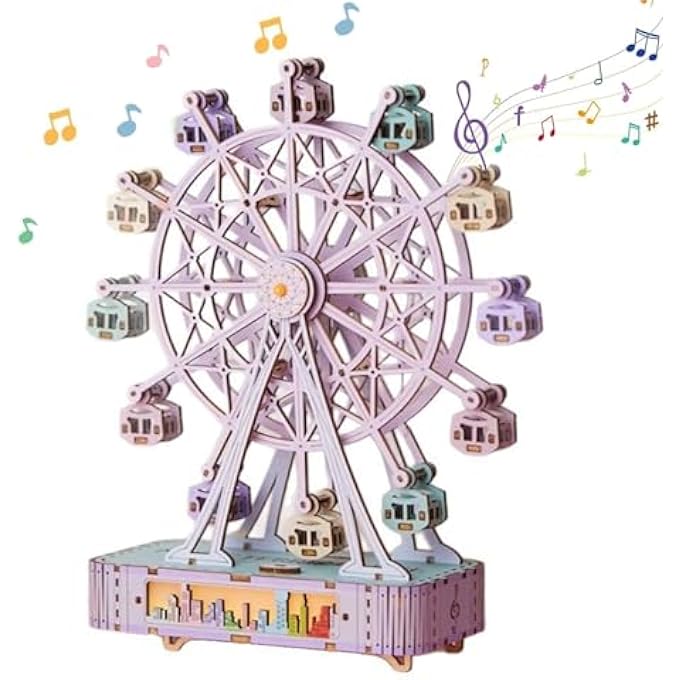 3D WOODEN PUZZLE - FERRIS WHEEL MUSIC BOX KIT WITH DECORATIVE LIGHT, 3D PUZZLE - WOODEN MODEL KIT FOR CRAFTS FOR ADULTS, TEENAGERS & CHILDREN, DIY DECORATION FOR HOME - Image 1